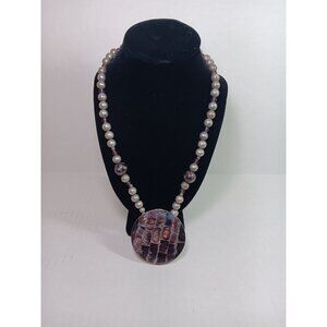 Vintage Karla Jordan Signed Mother Of Pearl Purple Pendant Metal Bead Necklace